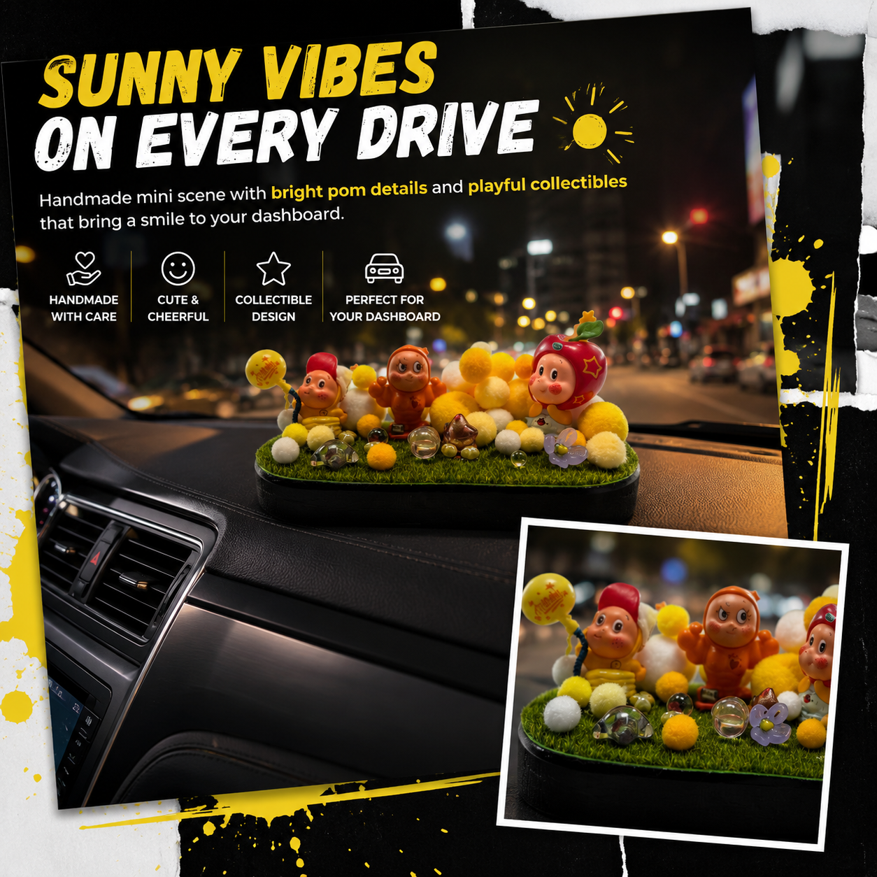 AnimeCarMod Sunny Pom Party dashboard decor featuring colorful plush pom-poms for car interior decoration