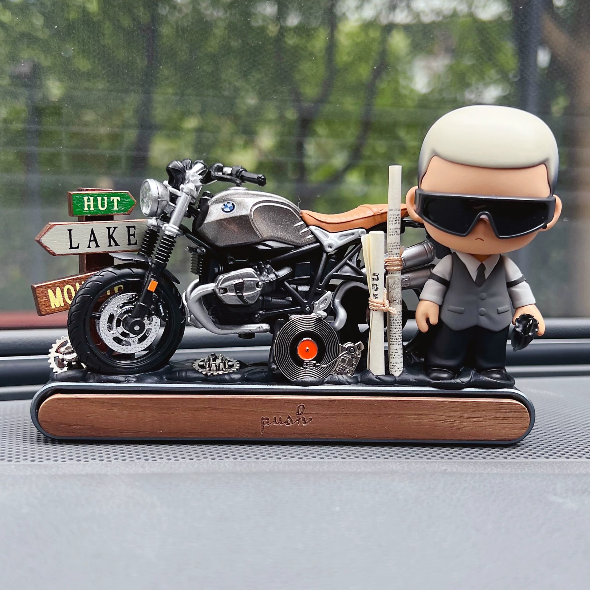 AnimeCarMod roadside motorcycle story car dashboard decor with parking number plate, featuring colorful anime-inspired design.