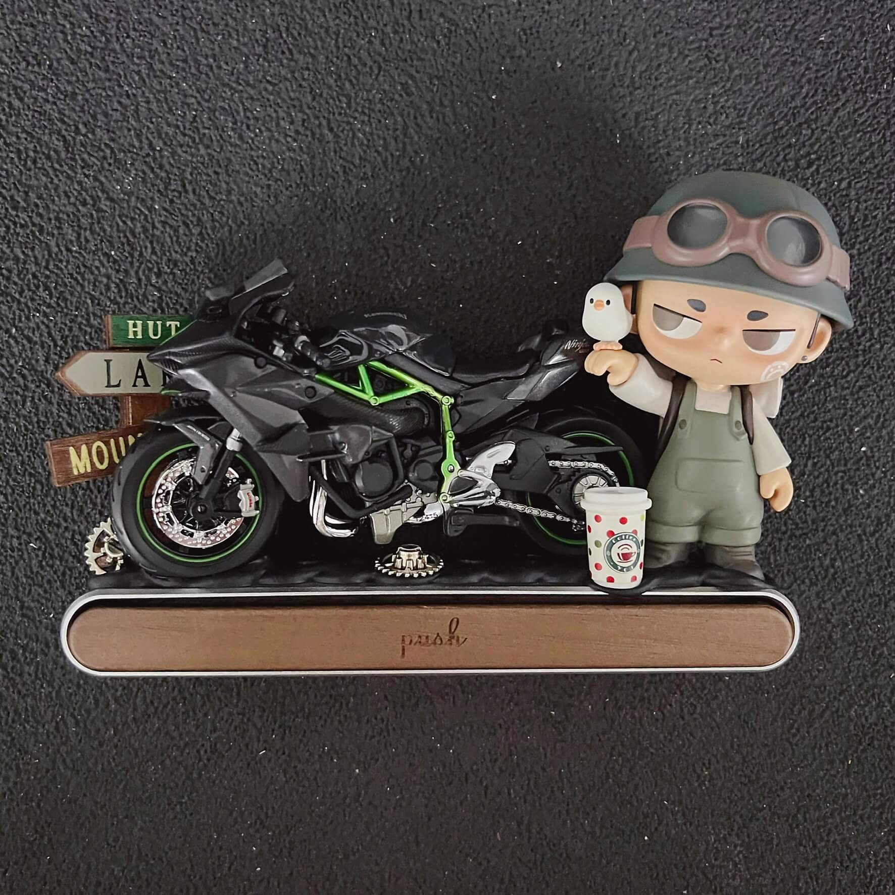 AnimeCarMod Roadside Moto Story car dashboard decor with parking number plate, featuring colorful motorcycle and roadside scene.