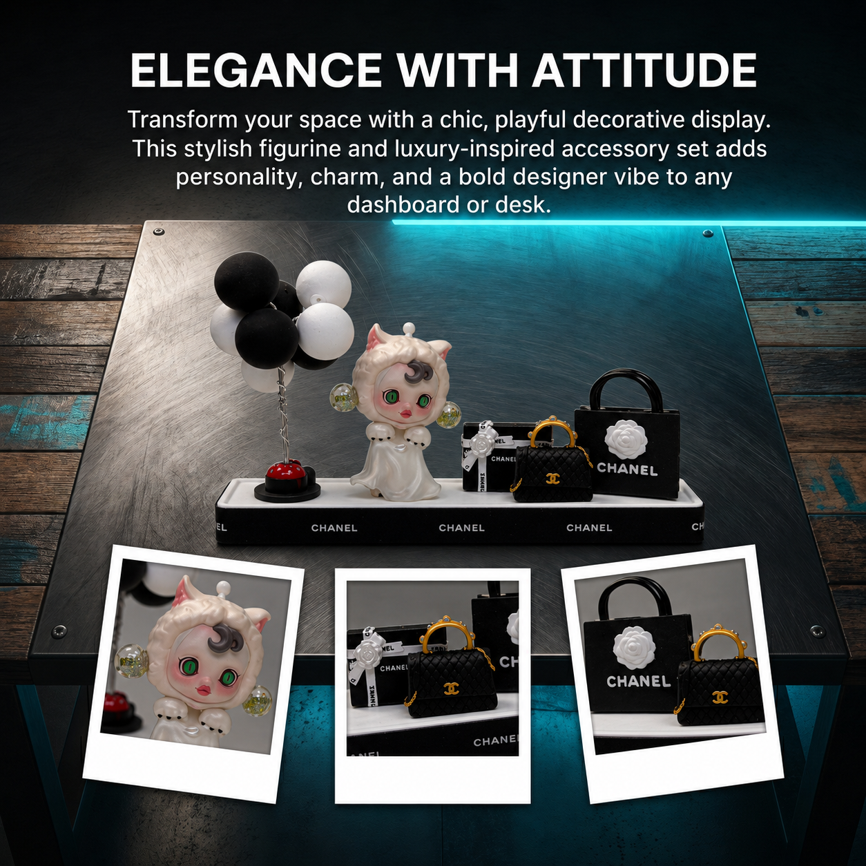 AnimeCarMod Monochrome Kitty boutique dashboard decor designed to add a cute, stylish touch to car interiors with feline-themed style.