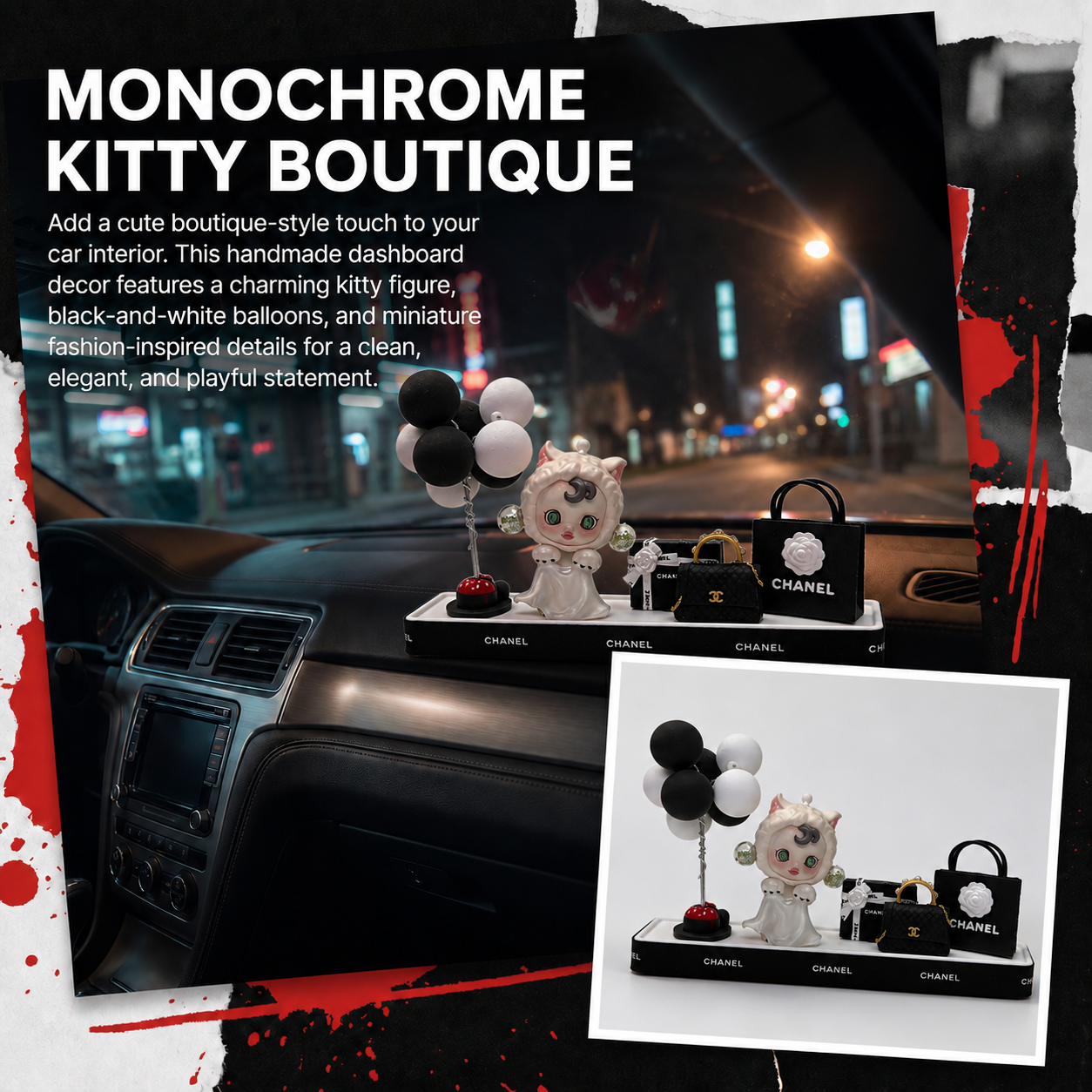 AnimeCarMod Monochrome Kitty Boutique car dashboard decor featuring a cute cat design for vehicle interior style.