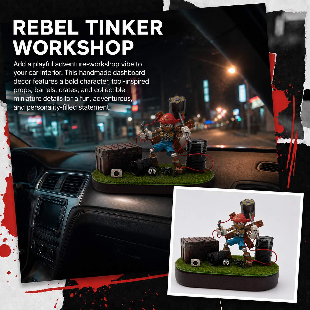 AnimeCarMod Rebel Tinker Workshop car dashboard decor featuring detailed workshop-themed design on a sleek dashboard accessory.