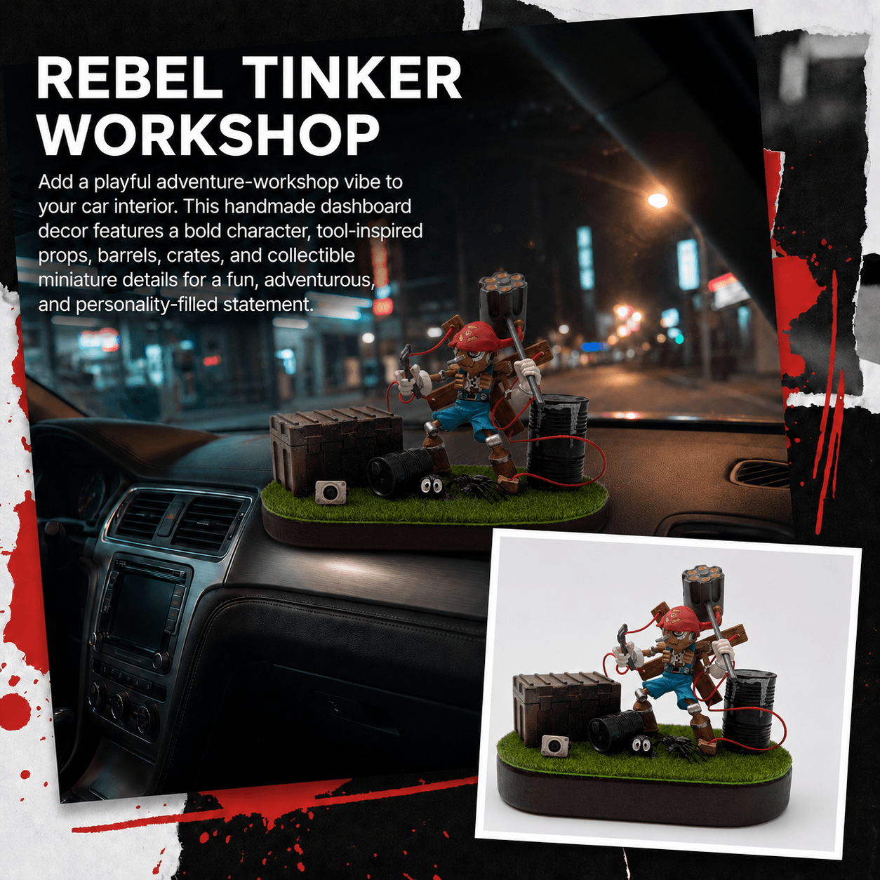 AnimeCarMod Rebel Tinker Workshop car dashboard decor featuring detailed workshop-themed design for interior customization.