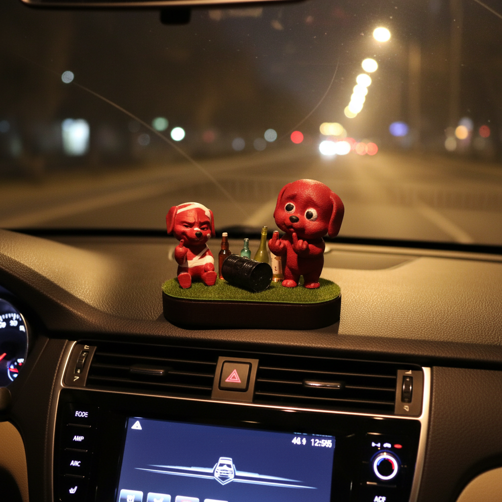 AnimeCarMod Red Rebel Pups car dashboard decor featuring colorful cartoon pups for anime-inspired vehicle interior decoration.