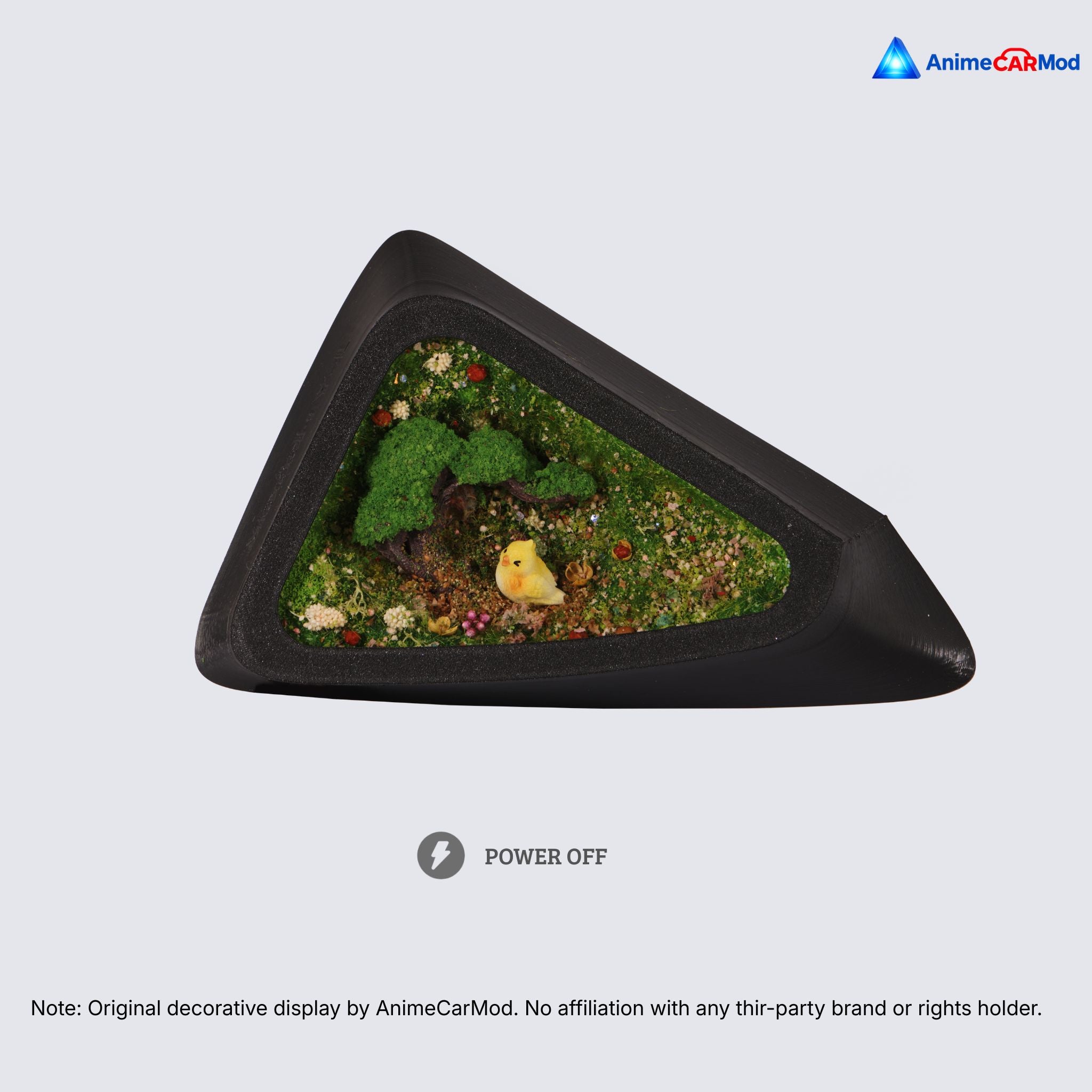 AnimeCarMod Mossy Birdsong standard scene quarter window diorama installed on a car rear quarter window