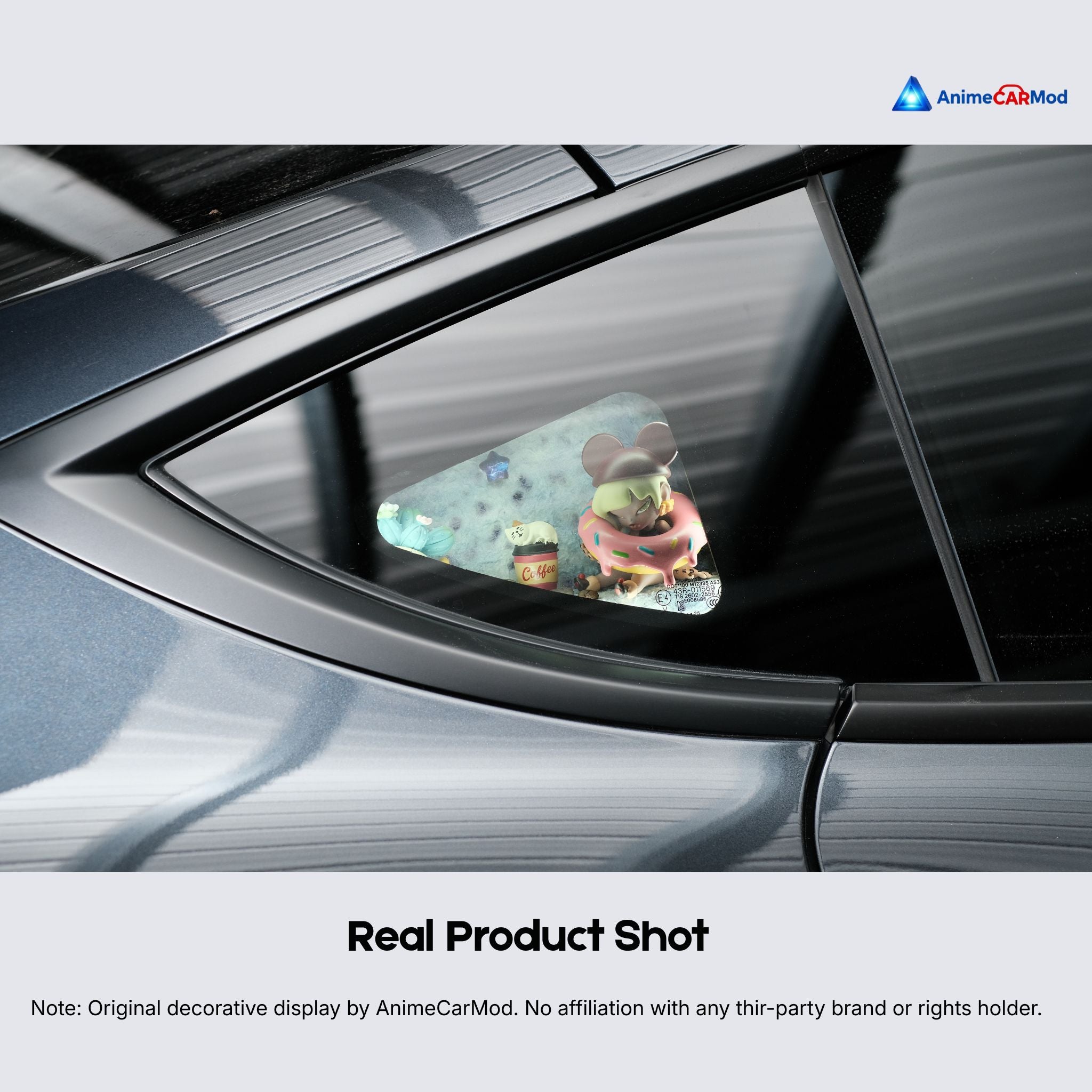 AnimeCarMod Coffee and Donut standard scene quarter window diorama installed on a car rear quarter window
