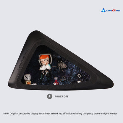 AnimeCarMod Dark Verdict quarter window diorama featuring detailed anime scene on a standard layout for car interior decoration.
