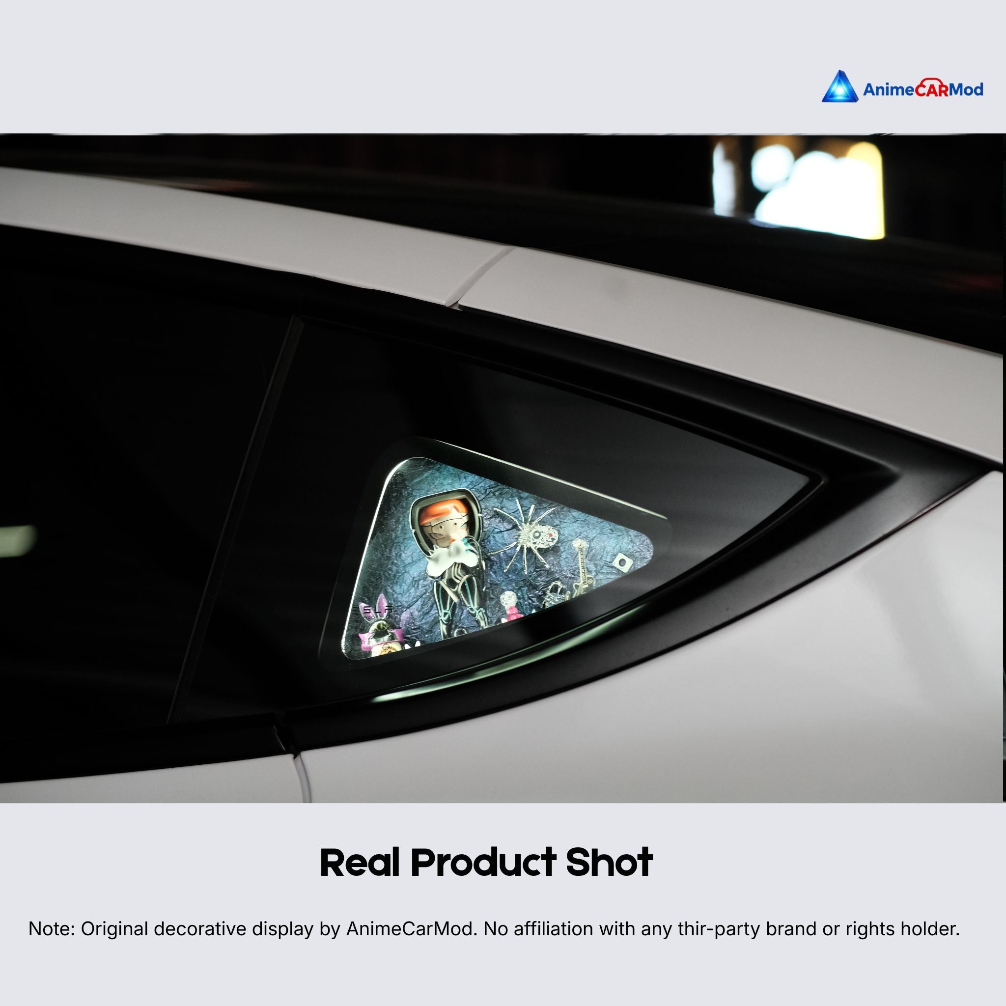 AnimeCarMod Dark Verdict standard scene quarter window diorama installed on a car rear quarter window