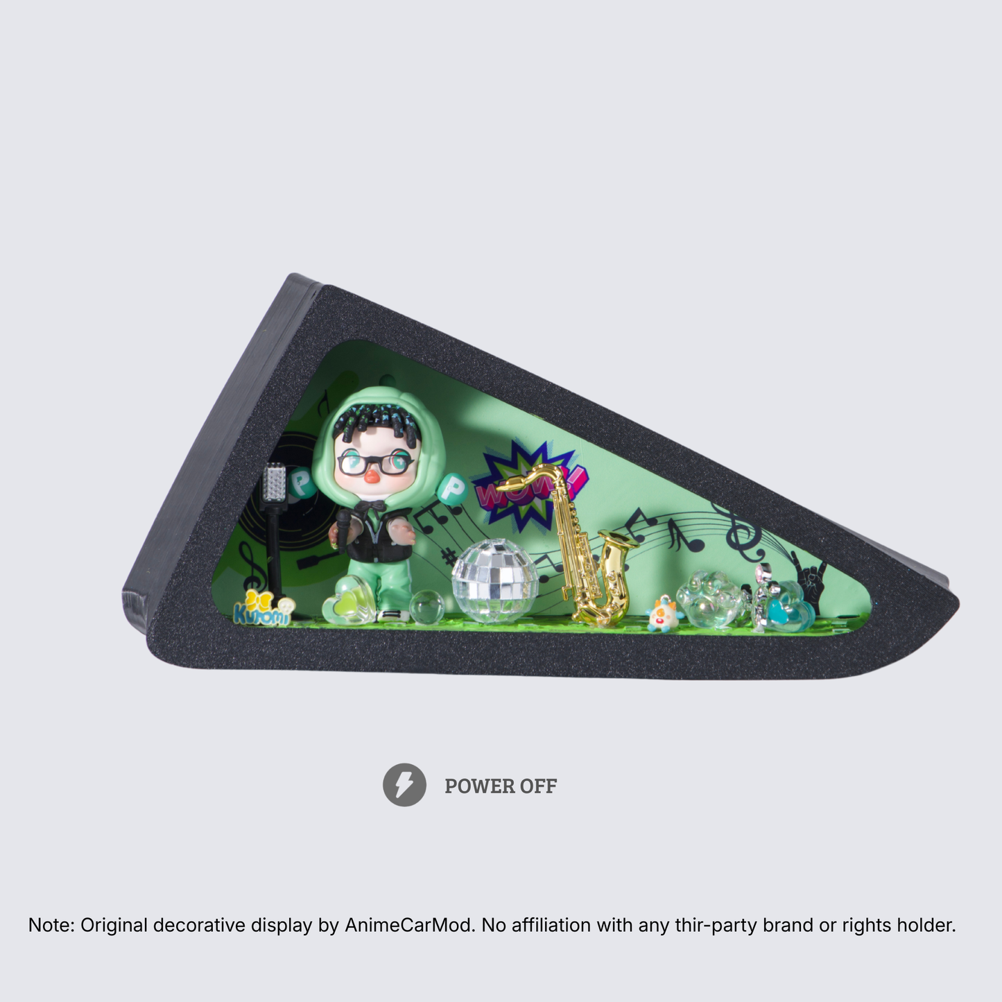 AnimeCarMod Green Jazz corner quarter window diorama with detailed standard scene layout, showcasing miniature urban scene inside car window.