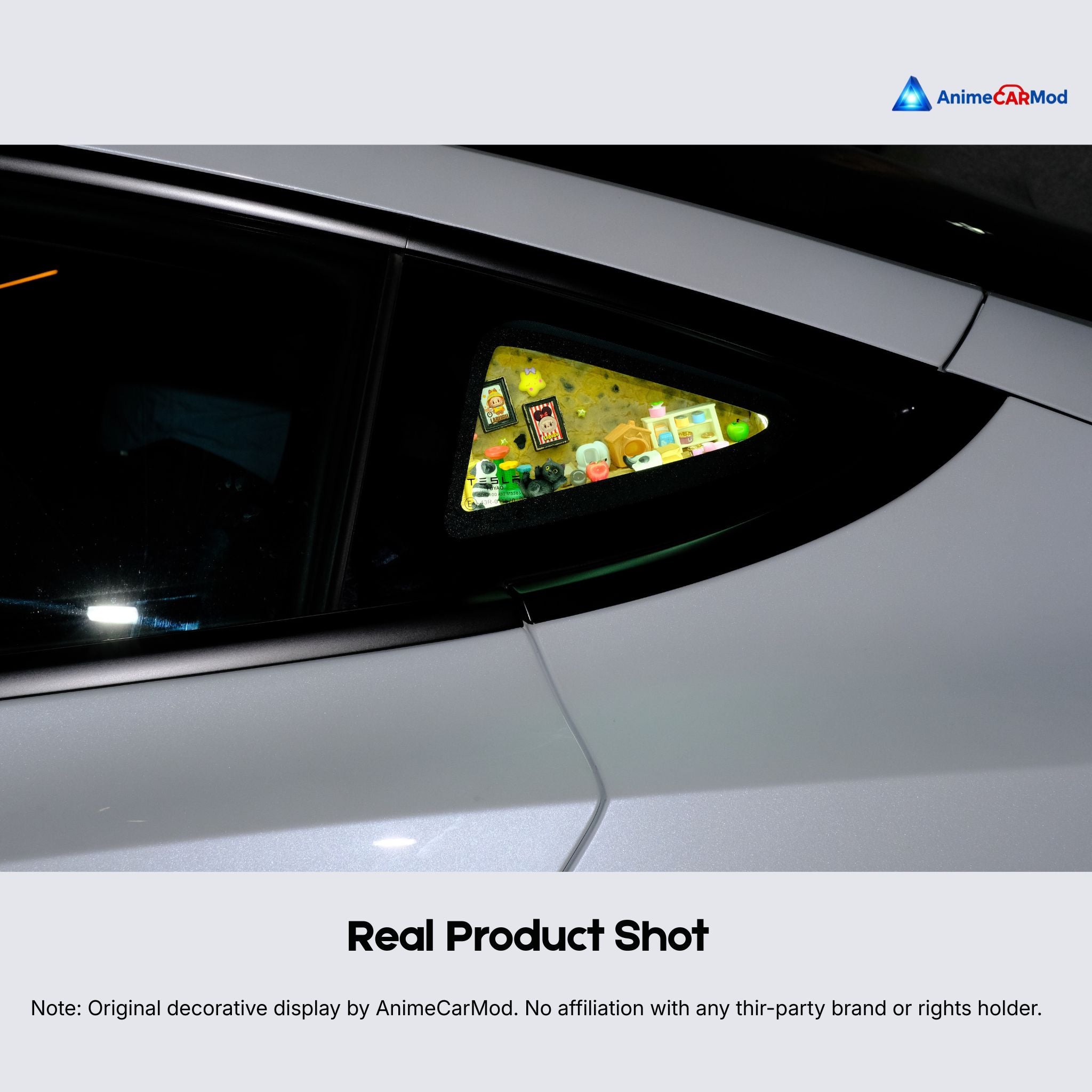 AnimeCarMod Plush Dream Cat House standard scene quarter window diorama installed on a car rear quarter window