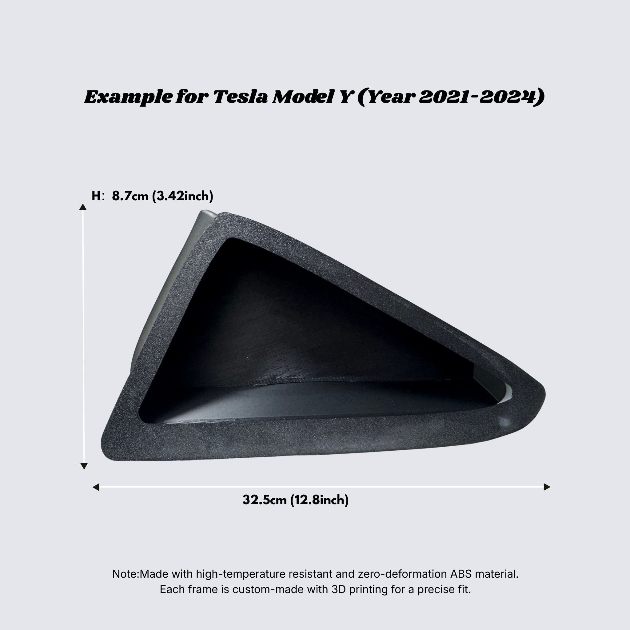 Quarter window frame size example for Tesla Model Y custom fit display