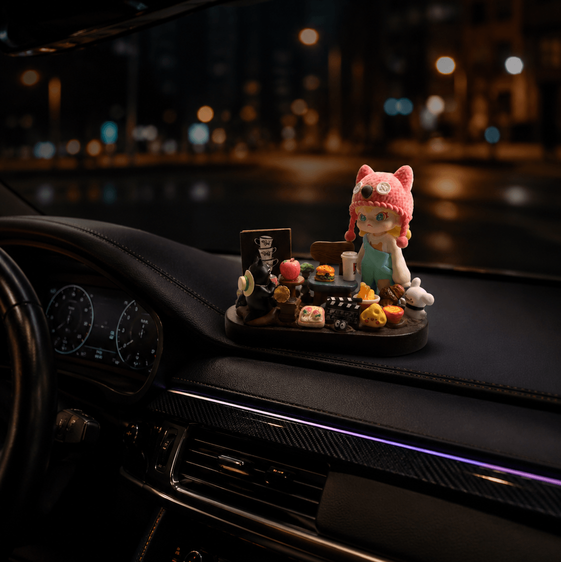 AnimeCarMod Rainy Café Corner handmade car dashboard decor with miniature café scene and rainy window design.